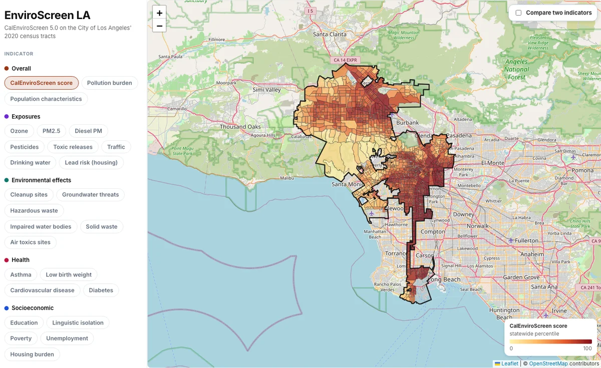 Map of CalEnviroScreen 5.0 scores across City of Los Angeles census tracts, with indicator buttons